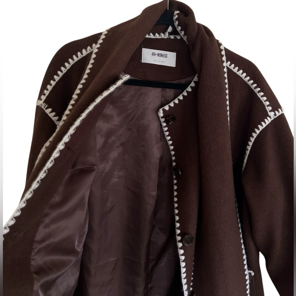 4th and Reckless Fable Chocolate Brown Contrast Stitch Longline Scarf Coat Large - Picture 7 of 12